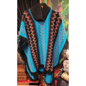 Boho Southwestern Mexican Poncho With Vibrant Geometric Patterns & Fringe